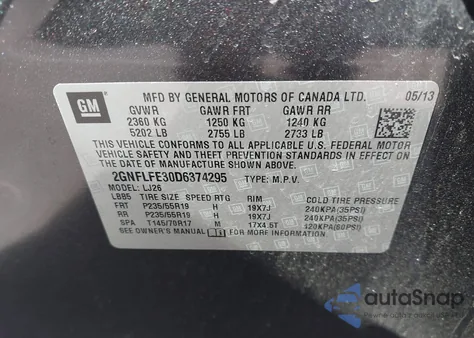 2013 Chevrolet Equinox Ltz z USA, uszkodzony, nr VIN 2GNFLFE30D6374295